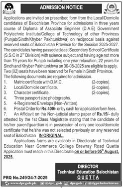 Admission Open in Technical Education Balochistan